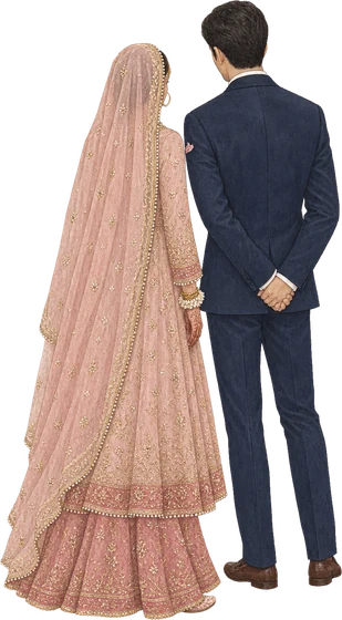 The bride in pink and the groom in a dark navy sherwani