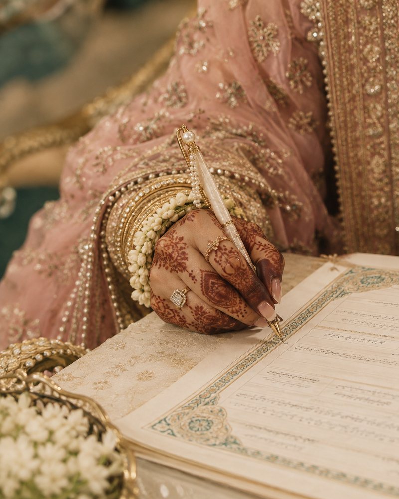 The bride's hennaed hand signing the nikahnama